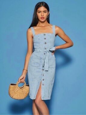 Reformation Farrah Denim Midi Button Front Dress with Belted Waist Size 2